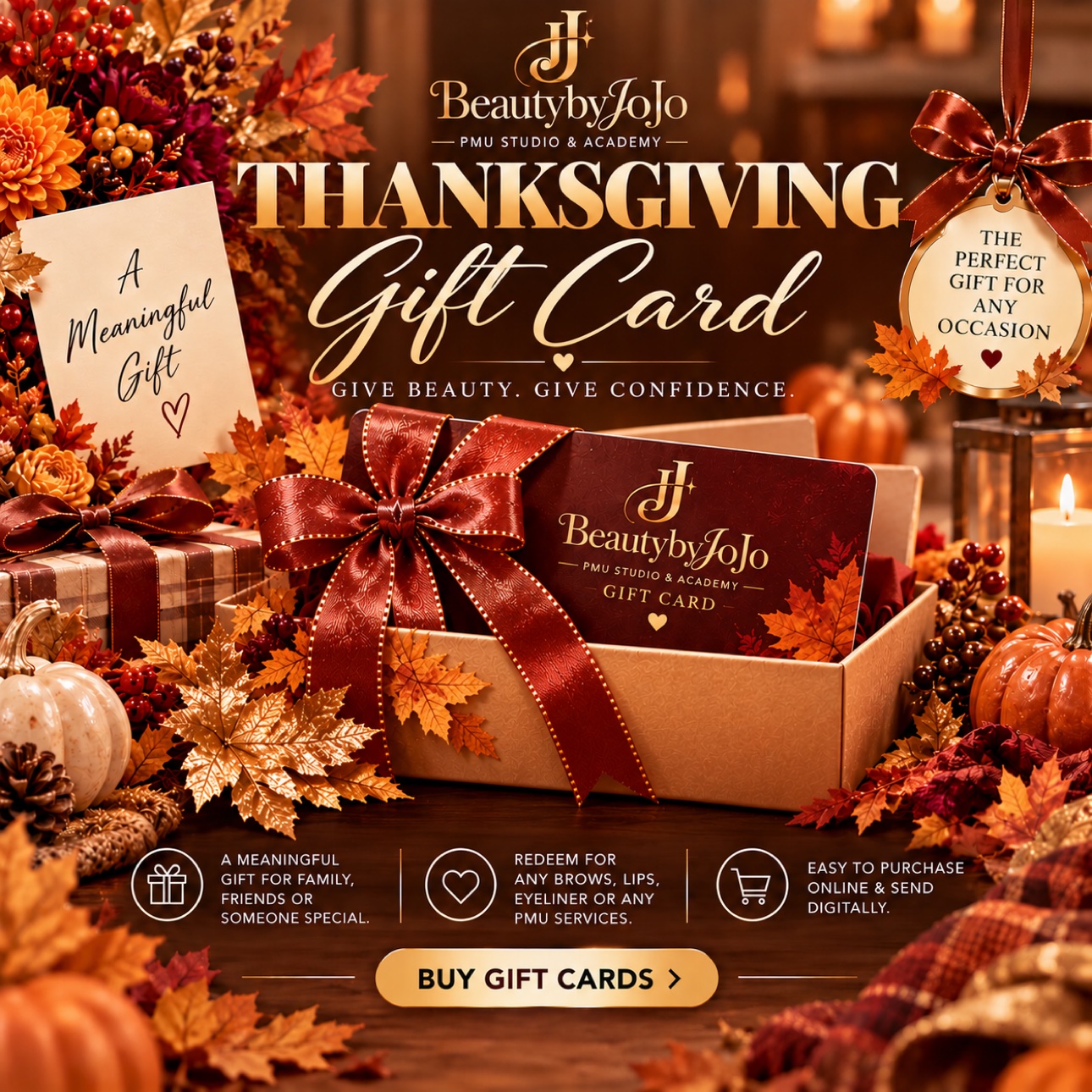 Thanksgiving Gift Card Special — Buy $200 get $25 off, Buy $300 get $40 off your treatment at BEAUTYBYJOJO